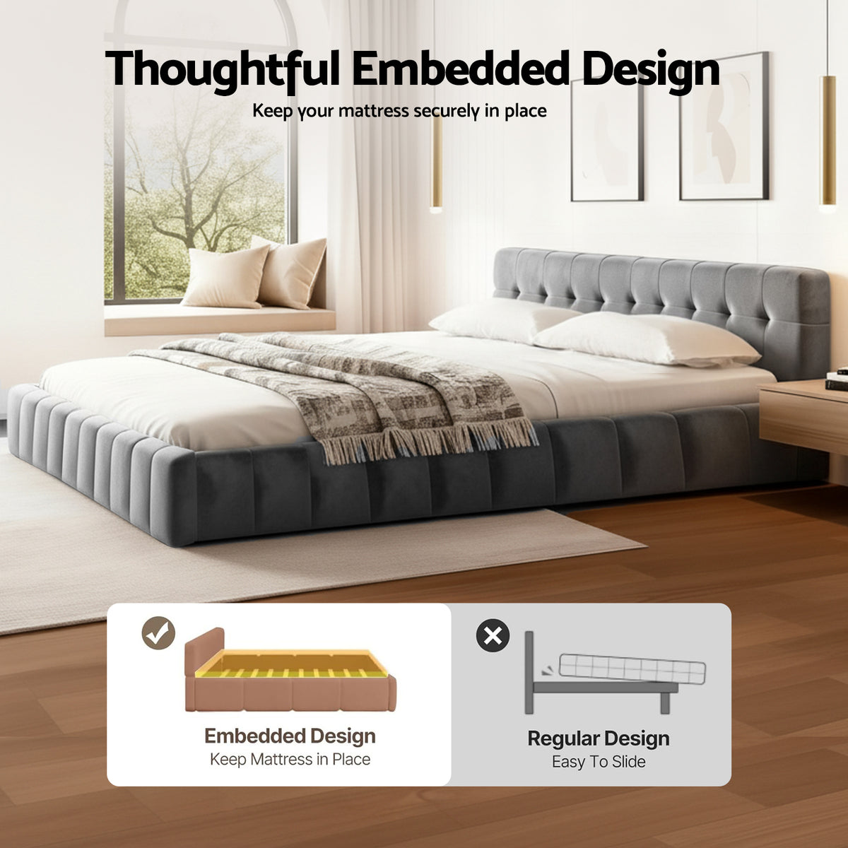 Artiss King Size Bed Frame Plush Soft Headboard Velvet Platform Base for Modern Bedrooms Grey