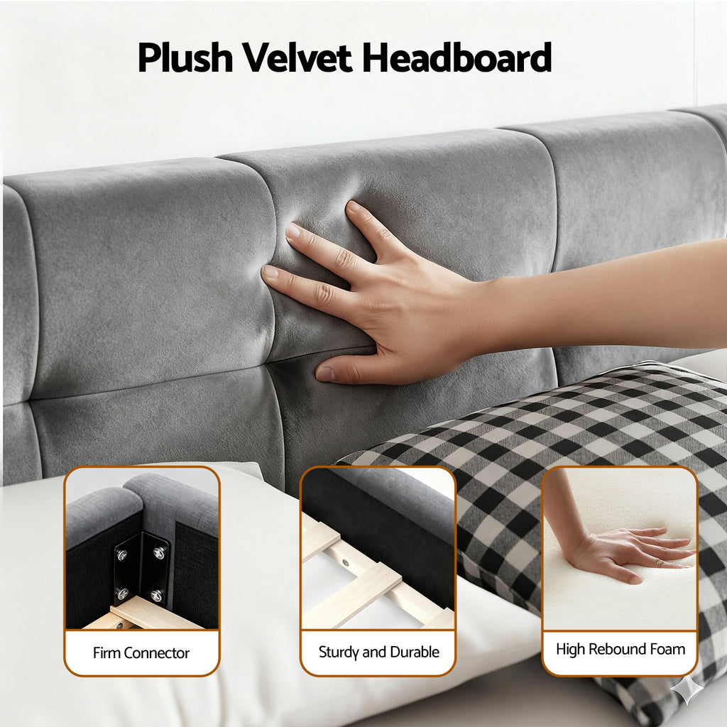 Artiss Queen Size Bed Frame Plush Soft Headboard Velvet Platform Base for Modern Bedrooms Grey
