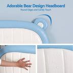 Artiss Kids King Single Bed Frame Upholstered Bear Headboard Waterproof Leather Boys Bed 180kg Capacity Blue and White