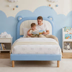 Artiss Kids King Single Bed Frame Upholstered Bear Headboard Waterproof Leather Boys Bed 180kg Capacity Blue and White