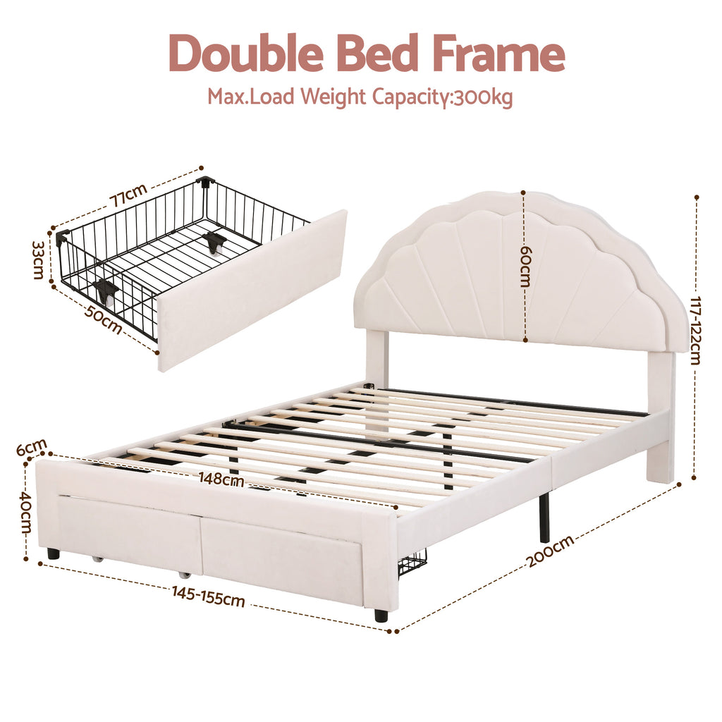 Artiss Double Bed Frame with 2 Storage Drawers Upholstered Velvet Platform Bed LED Headboard