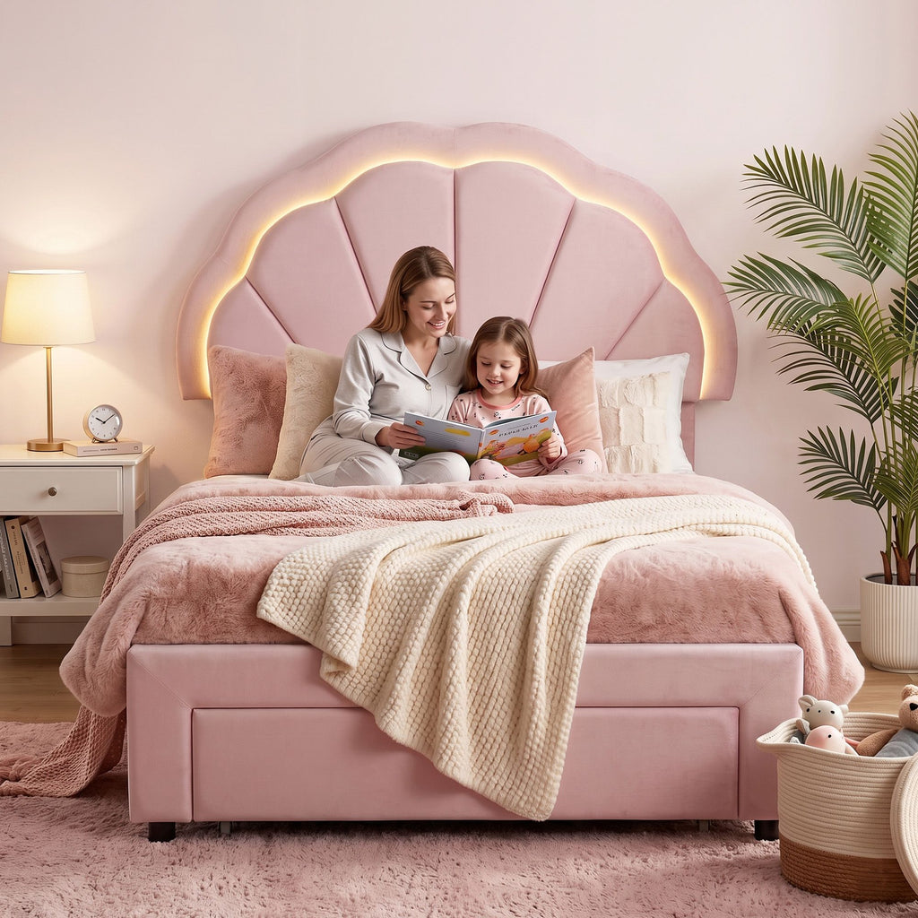 Artiss King Single Bed Frame with 1 Storage Drawers Upholstered Velvet Platform Bed LED Headboard Pink