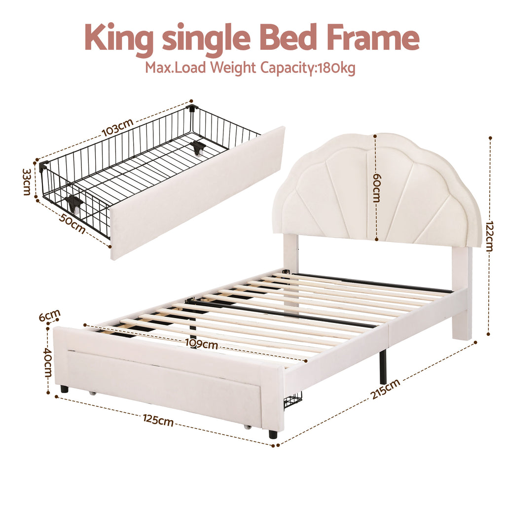 Artiss King Single Bed Frame with Storage Drawer Upholstered Velvet Platform Bed LED Headboard