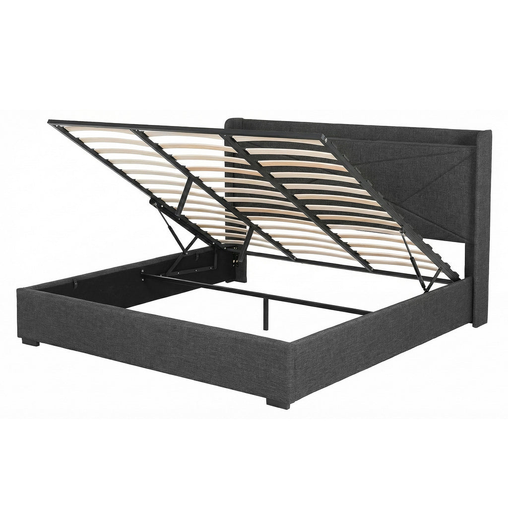 Artiss King Bed Frame Gas Lift Storage Bed with Charging Ports Upholstered Geometric Headboard Charcoal Grey