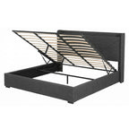 Artiss King Bed Frame Gas Lift Storage Bed with Charging Ports Upholstered Geometric Headboard Charcoal Grey