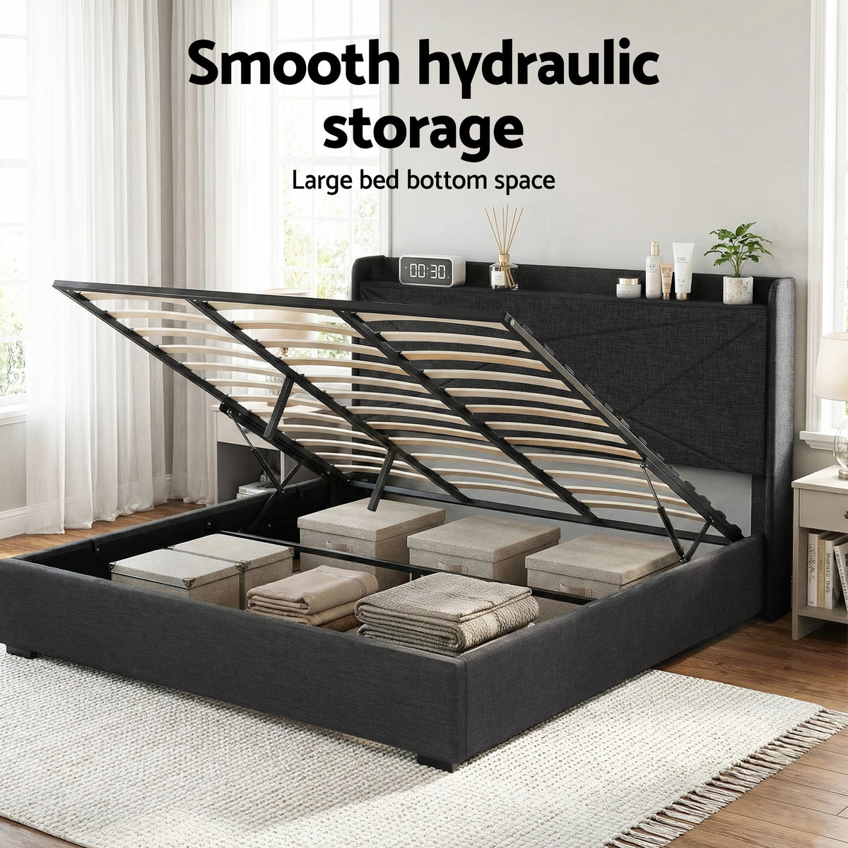 Artiss King Bed Frame Gas Lift Storage Bed with Charging Ports Upholstered Geometric Headboard Charcoal Grey