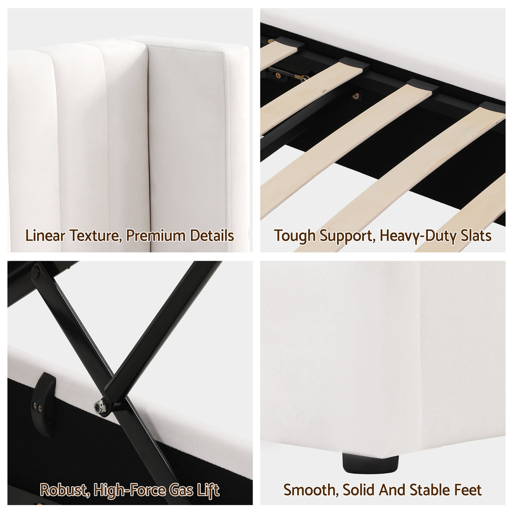 Artiss King Bed Frame with Gaslift Storage USB Type-C Charging Ports Velvet Upholstery White