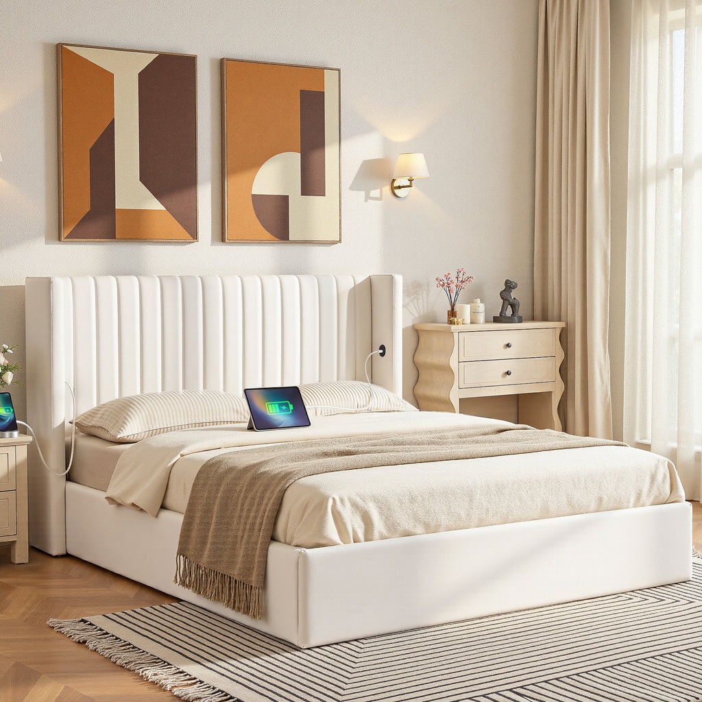 Artiss Queen Bed Frame with Gaslift Storage USB Type-C Charging Ports Velvet Upholstery White