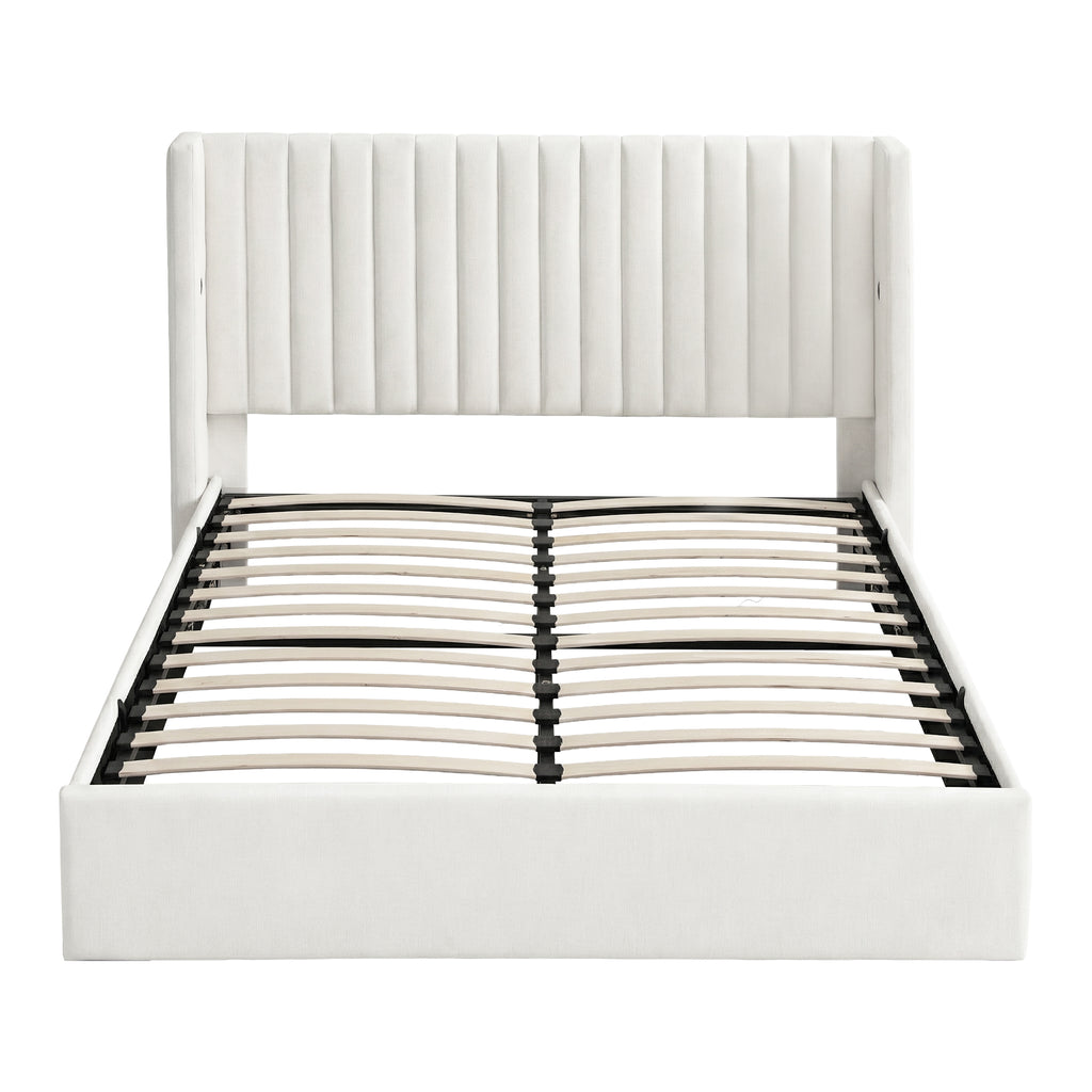 Artiss Queen Bed Frame with Gaslift Storage USB Type-C Charging Ports Velvet Upholstery White