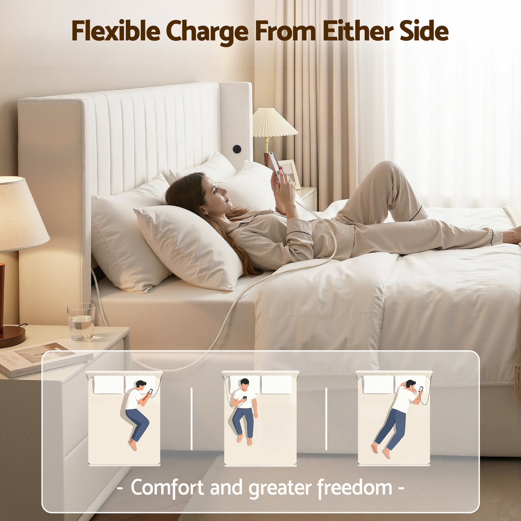 Artiss Queen Bed Frame with Gaslift Storage USB Type-C Charging Ports Velvet Upholstery White