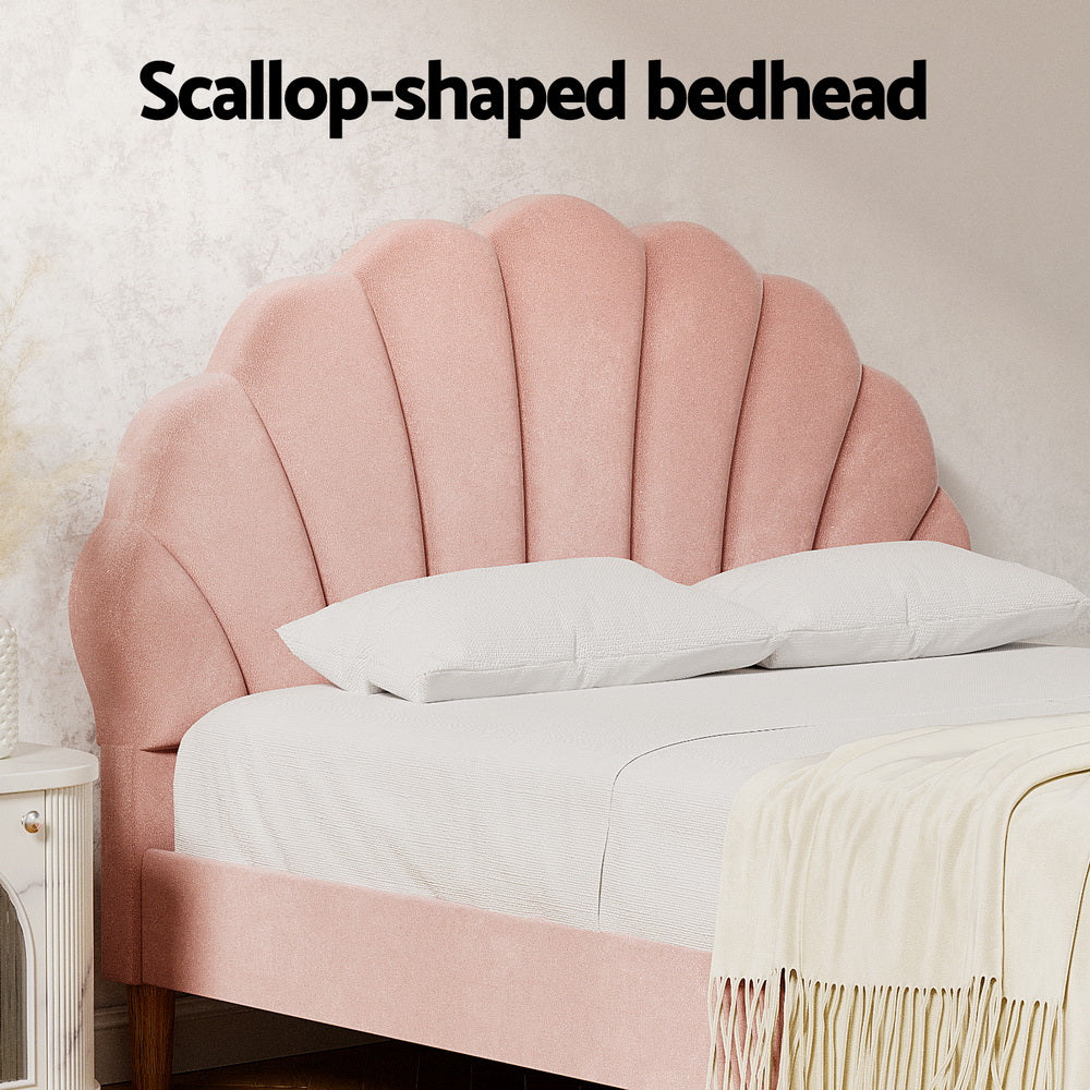 Artiss Bed Frame Double Size Scallop-Shape Bedhead Beds Base Pink Velvet Fabric