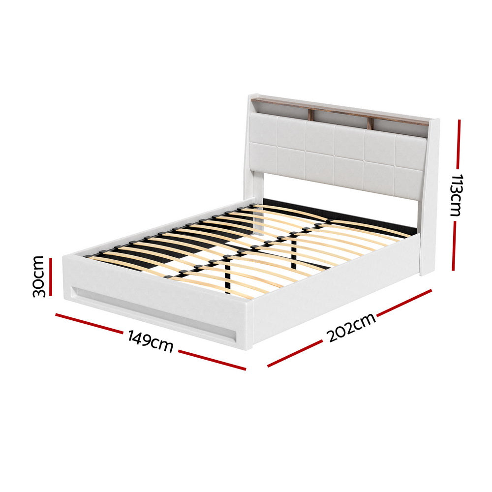 Artiss Bed Frame Gas Lift LED Beds Base Platform White PVC Leather Storage Headboard - Double