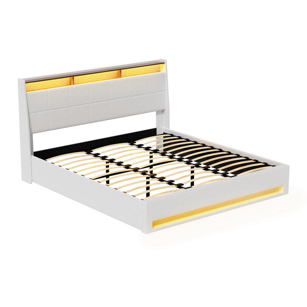 Artiss Bed Frame Gas Lift LED Beds Base Platform White PVC Leather Storage Headboard - King