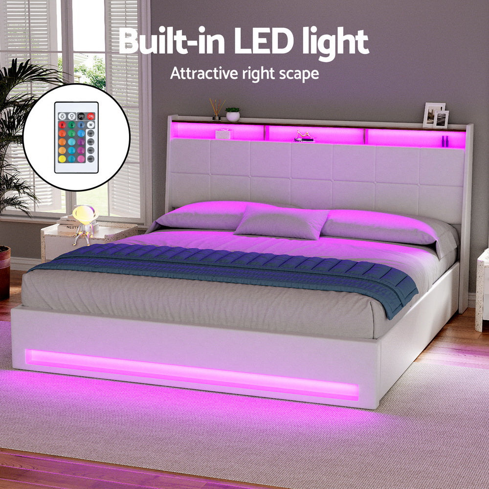 Artiss Bed Frame Gas Lift LED Beds Base Platform White PVC Leather Storage Headboard - King