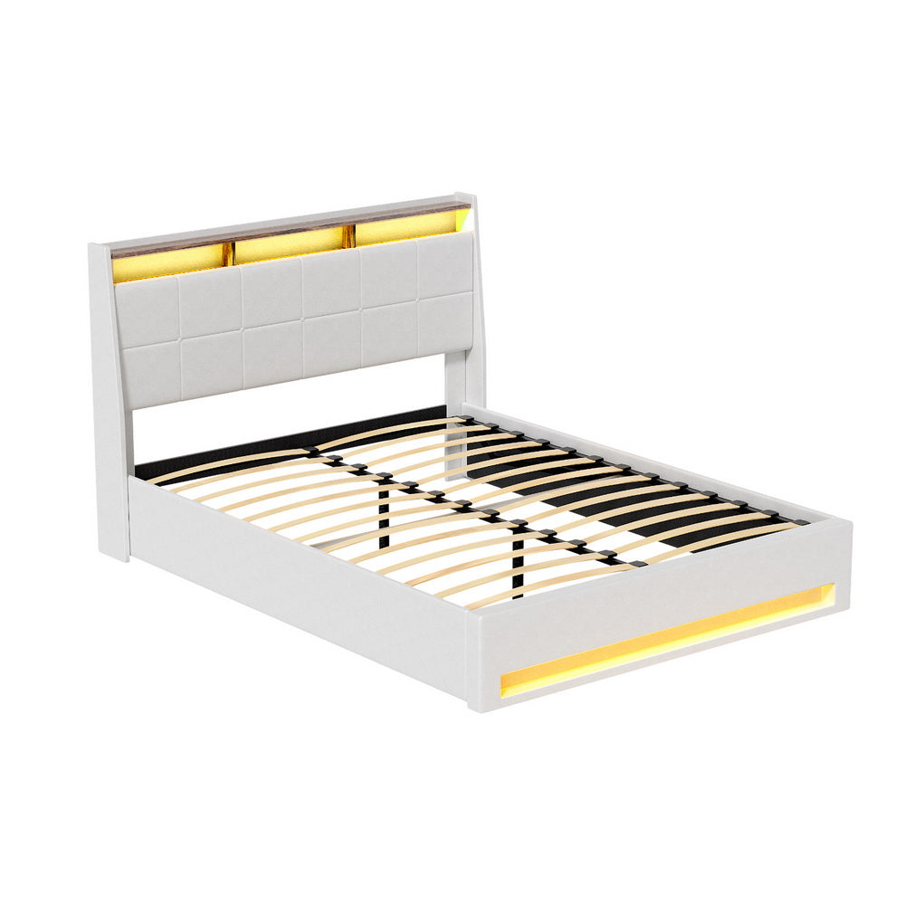 Artiss Bed Frame Gas Lift LED Beds Base Platform White PVC Leather Storage Headboard - Queen