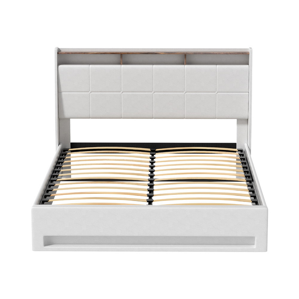 Artiss Bed Frame Gas Lift LED Beds Base Platform White PVC Leather Storage Headboard - Queen