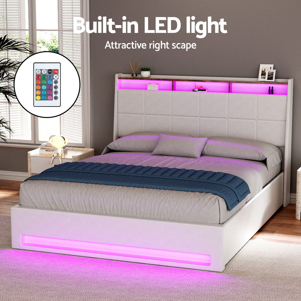 Artiss Bed Frame Gas Lift LED Beds Base Platform White PVC Leather Storage Headboard - Queen