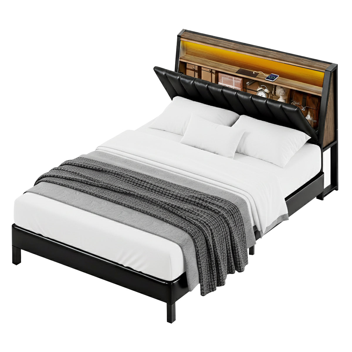 Artiss Queen Bed Frame LED Storage Headboard with Charging Station Black