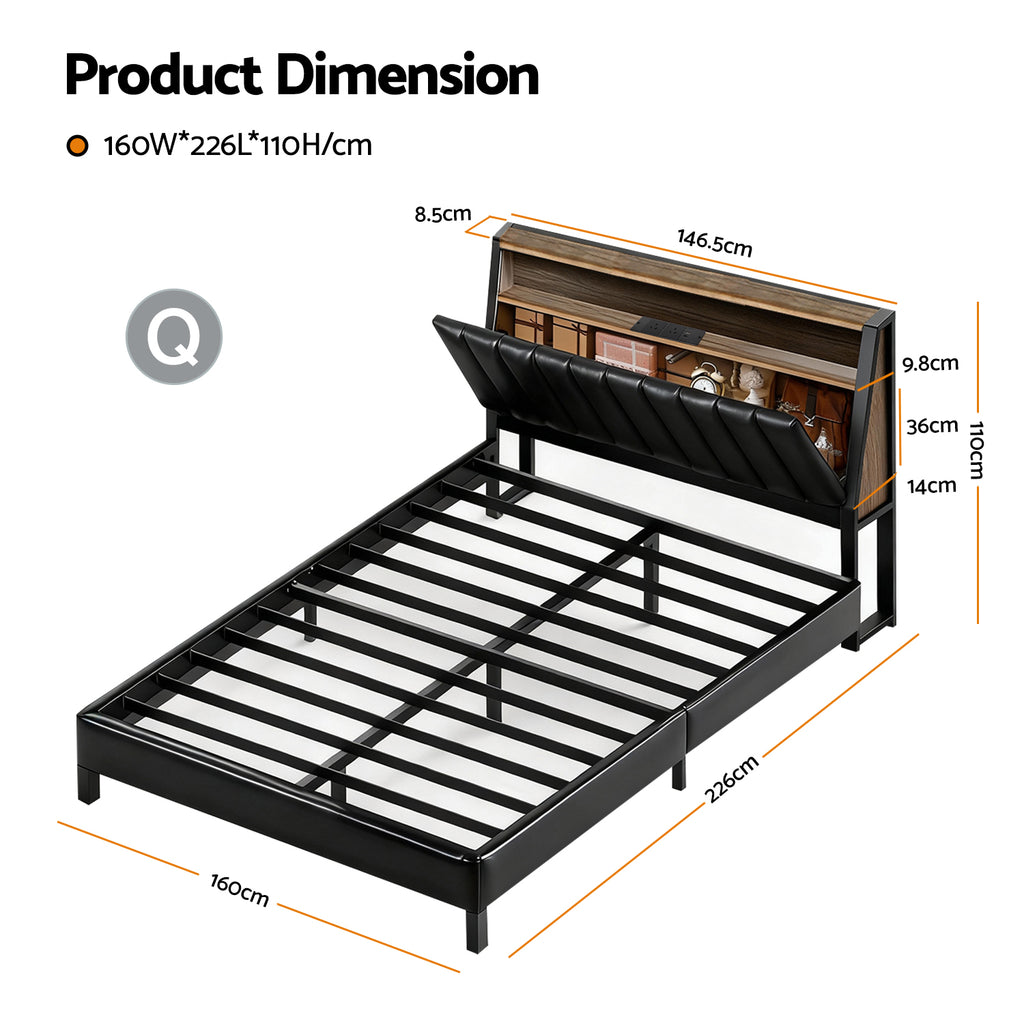 Artiss Queen Bed Frame LED Storage Headboard with Charging Station Black