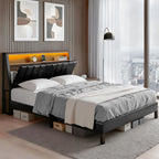Artiss Queen Bed Frame LED Storage Headboard with Charging Station Black