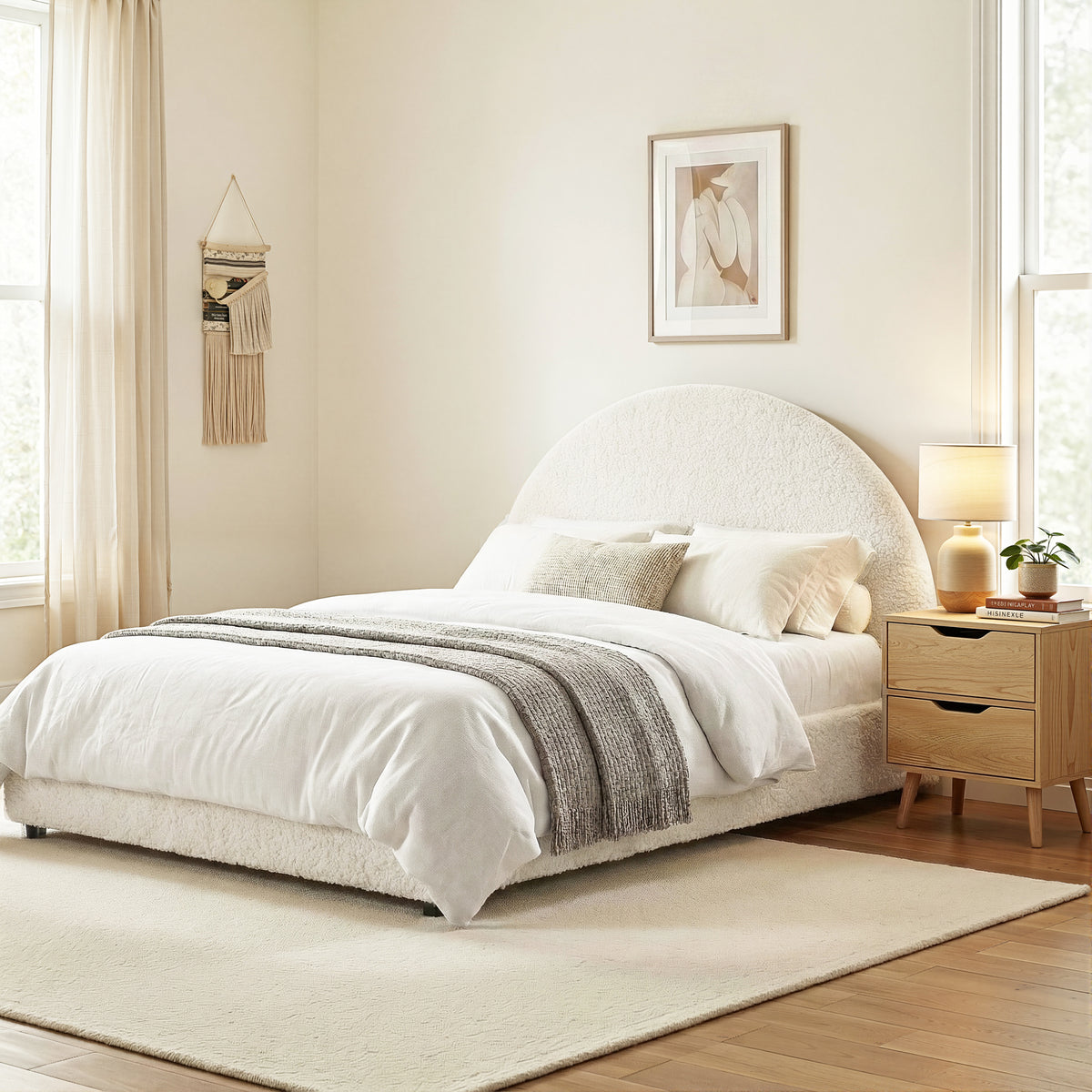 Artiss Gas Lift Queen Bed Frame with Bedside Table Set Boucle Fabric Upholstered Platform Bed Nightstand