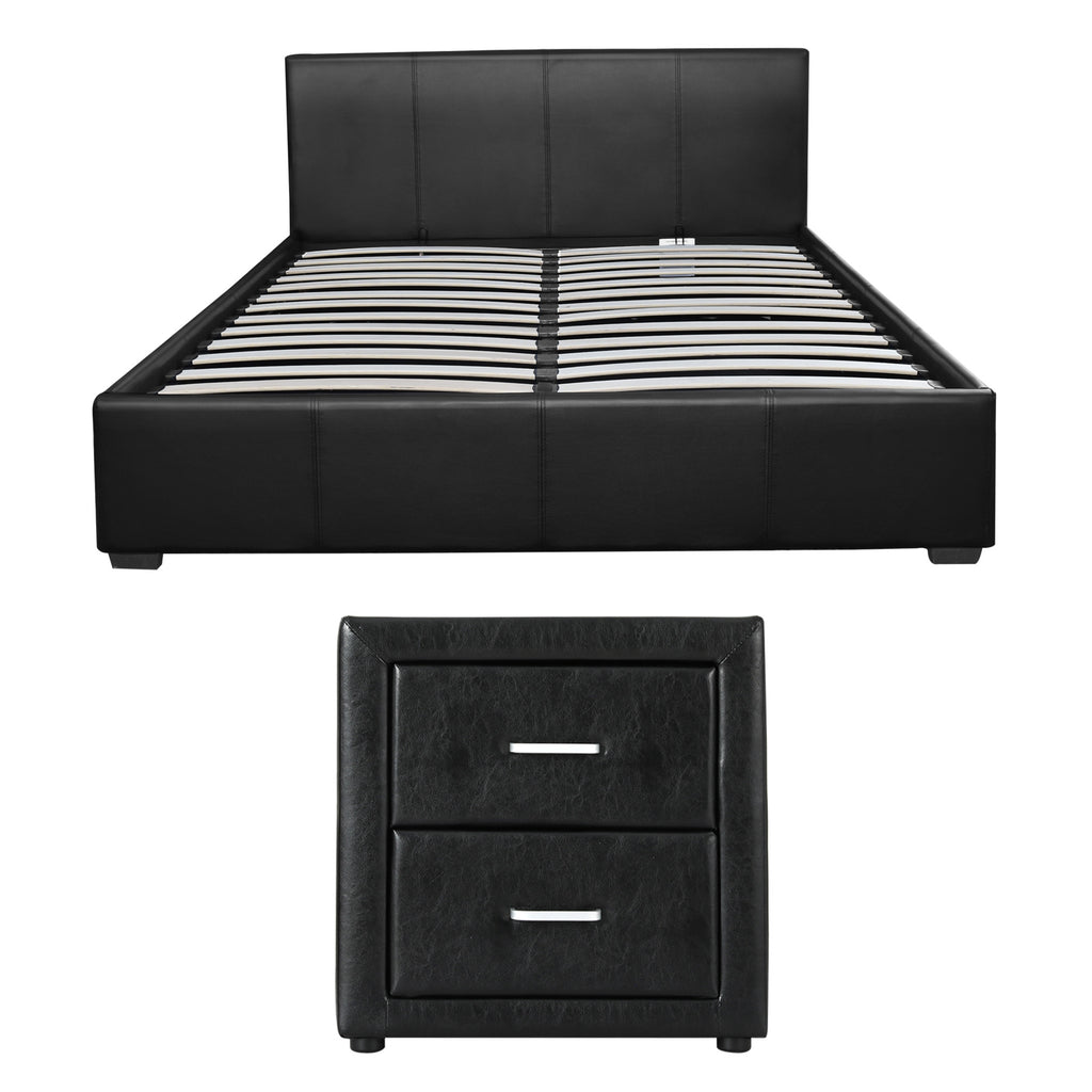 Artiss Gas Lift Queen Bed Frame and Bedside Table Set Leather Black