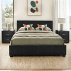 Artiss Gas Lift Queen Bed Frame and 2 Bedside Table Set Leather Black