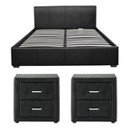 Artiss Gas Lift Queen Bed Frame and 2 Bedside Table Set Leather Black