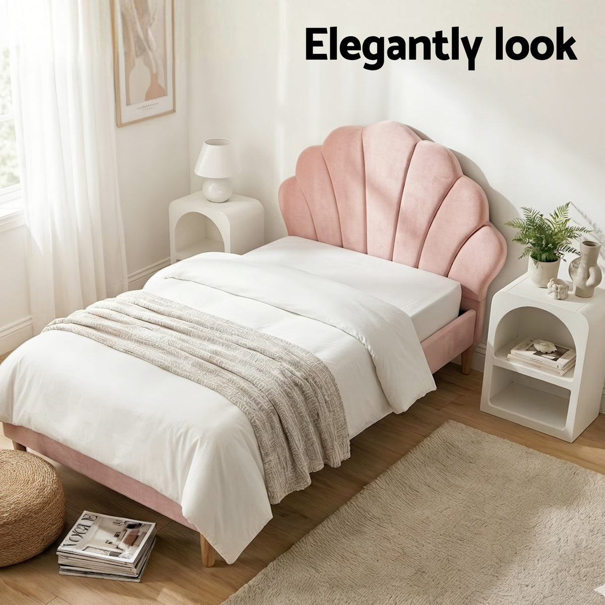 Artiss Bed Frame King Single with Bedside Table Set Scallop Headboard Pink Velvet Fabric Beds Base