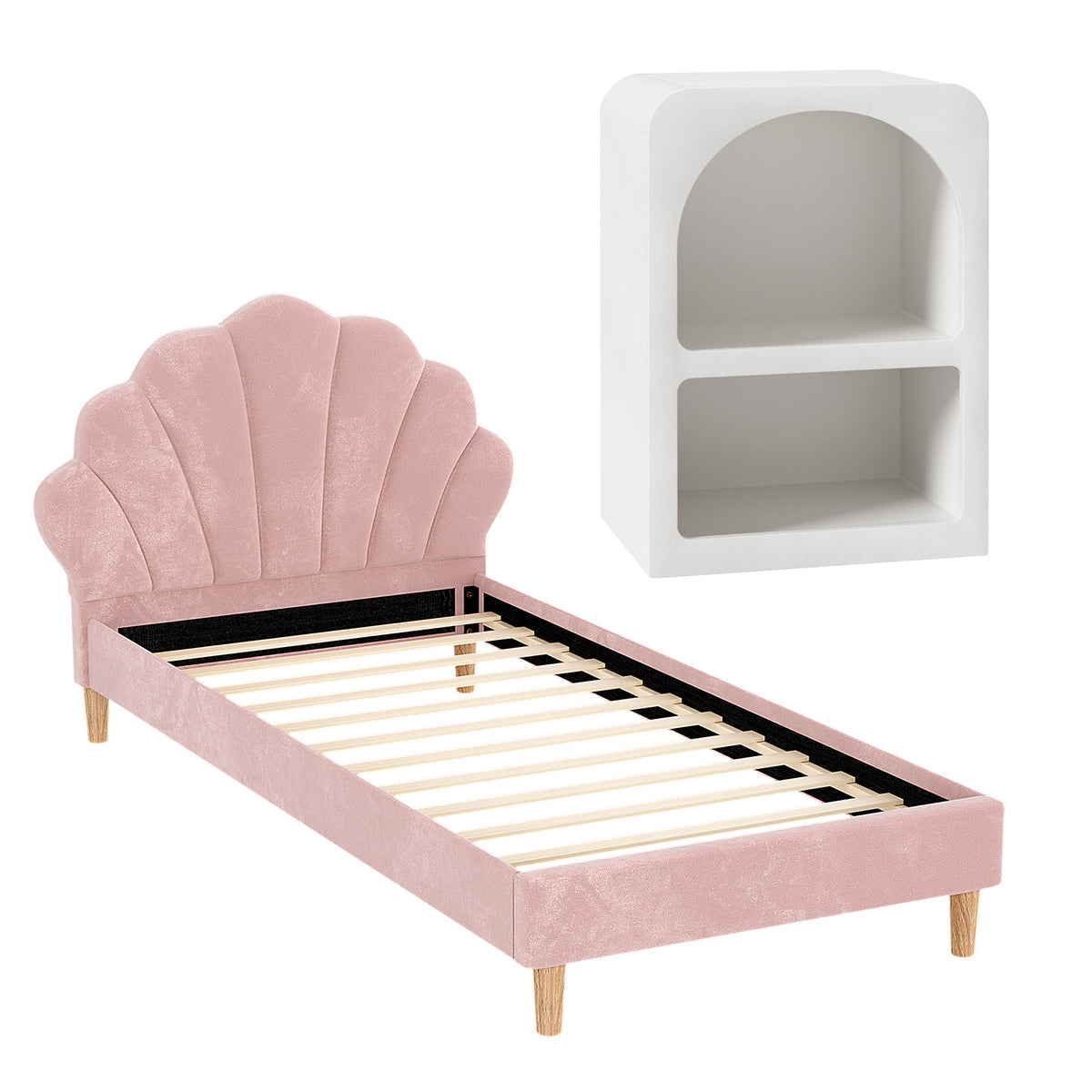 Artiss Bed Frame King Single with Bedside Table Set Scallop Headboard Pink Velvet Fabric Beds Base
