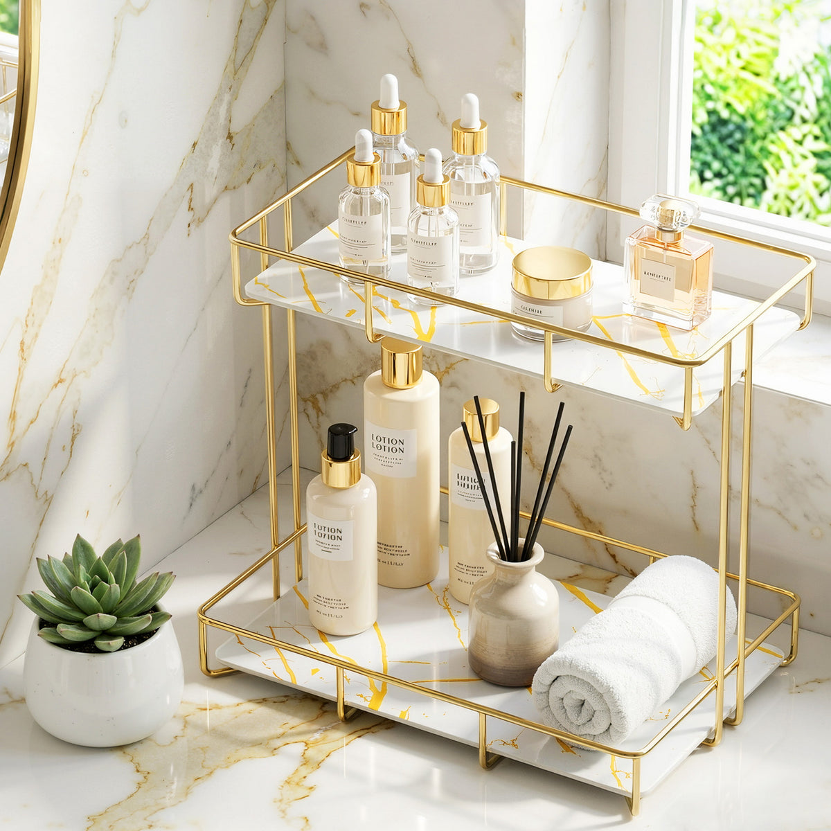 Artiss Bathroom Storage Rack 2 Tier Corner Organiser Gold Marble Look