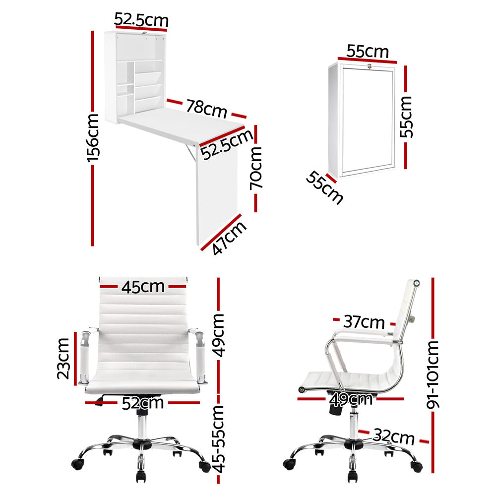 Artiss Computer Desk Office Chair Set PU Leather Wall Mount Foldable Table White