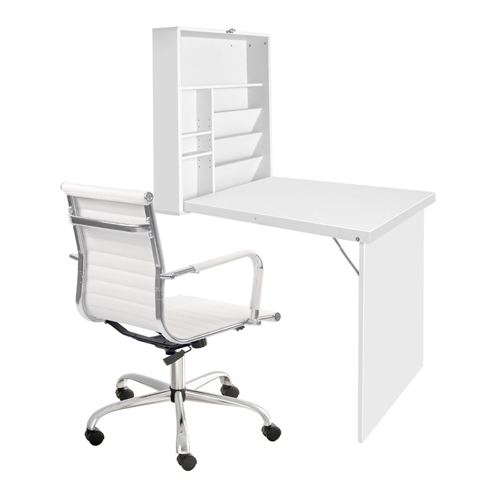 Artiss Computer Desk Office Chair Set PU Leather Wall Mount Foldable Table White