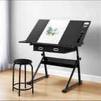 Artiss Drawing Desk Stool Set Drafting Table Adjustable Angle Tilt Drawers Black