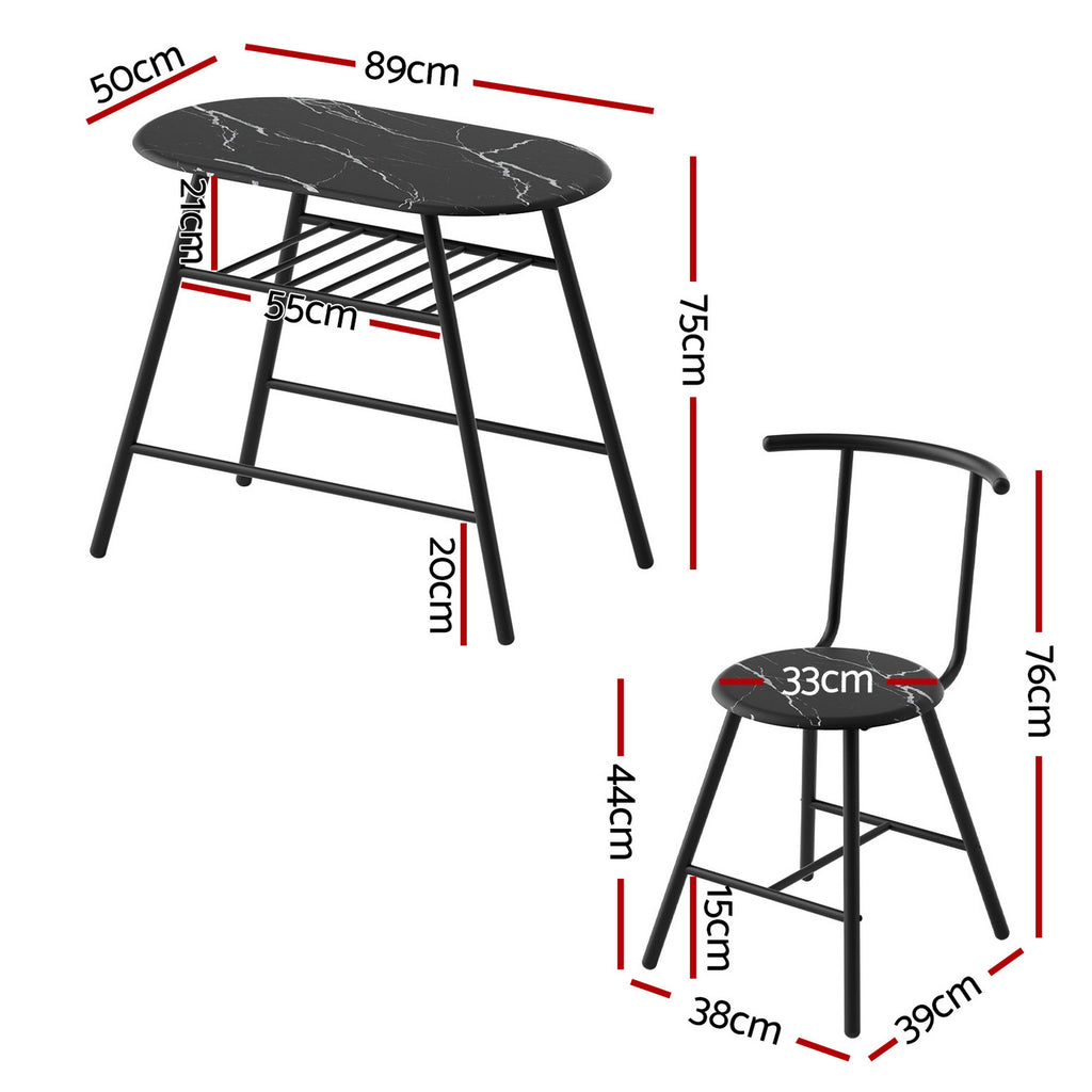 Artiss Dining Table Set 3PC Bistro Kitchen Storage Wine Rack Black Marble Style