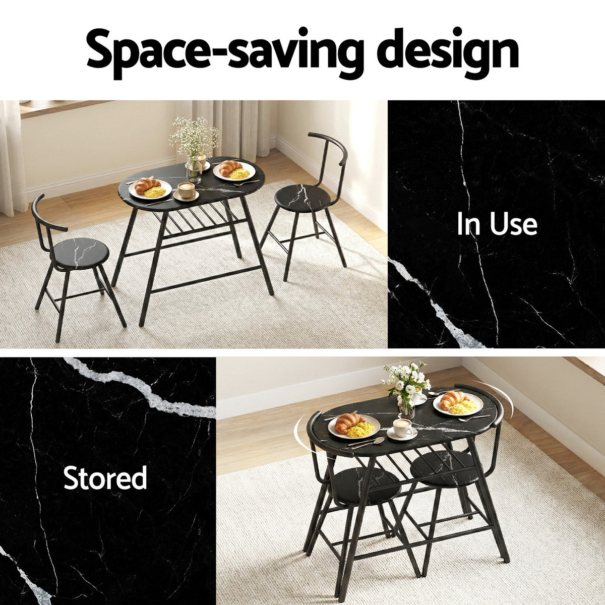 Artiss Dining Table Set 3PC Bistro Kitchen Storage Wine Rack Black Marble Style