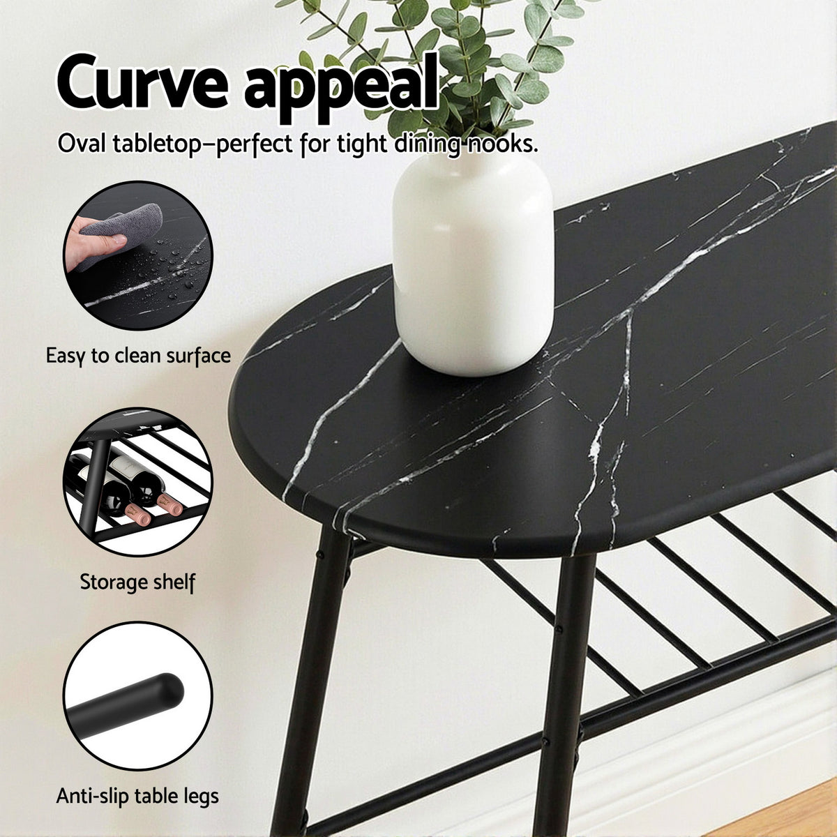 Artiss Dining Table Set 3PC Bistro Kitchen Storage Wine Rack Black Marble Style