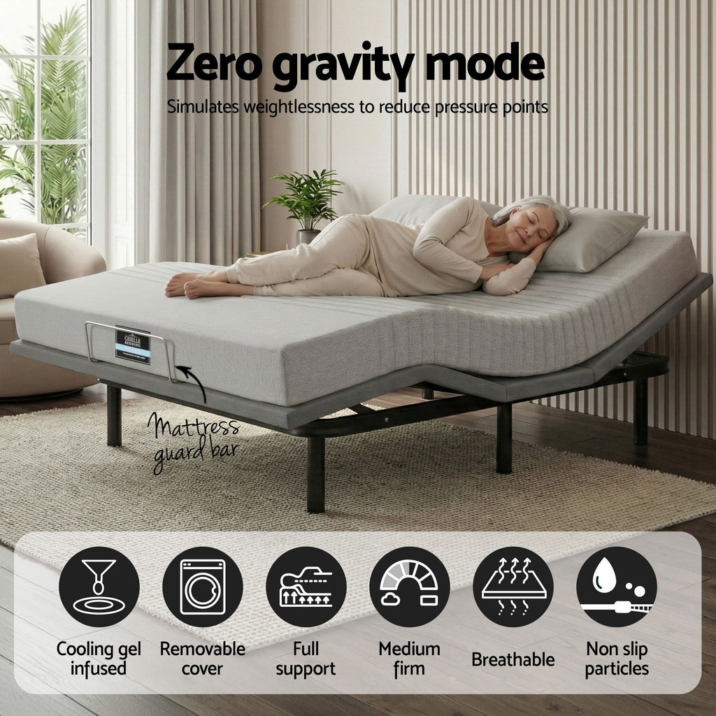 Artiss Double Bed Frame and Giselle Bedding Double Memory Foam Mattress Set, Electric Bed Base with Zero Gravity & 7 Zone Cooling Comfort for Back Pain Relief, Black & Grey,15cm Thickness
