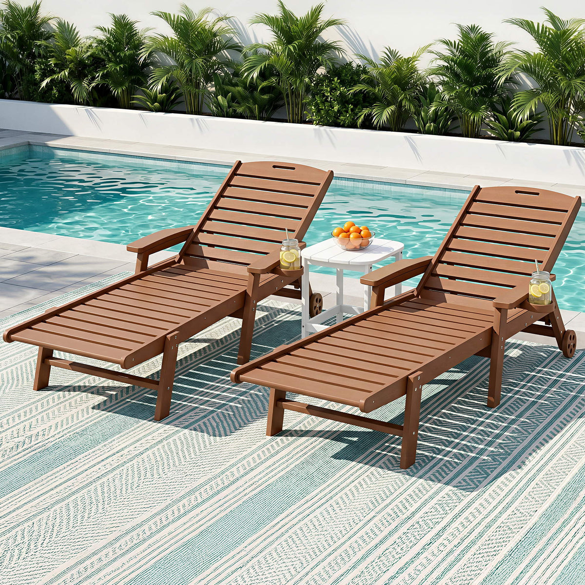 Gardeon Sun Lounge Lounger Table and Chairs Beach Chair HDPE Patio Outdoor Furniture Wheels Brown