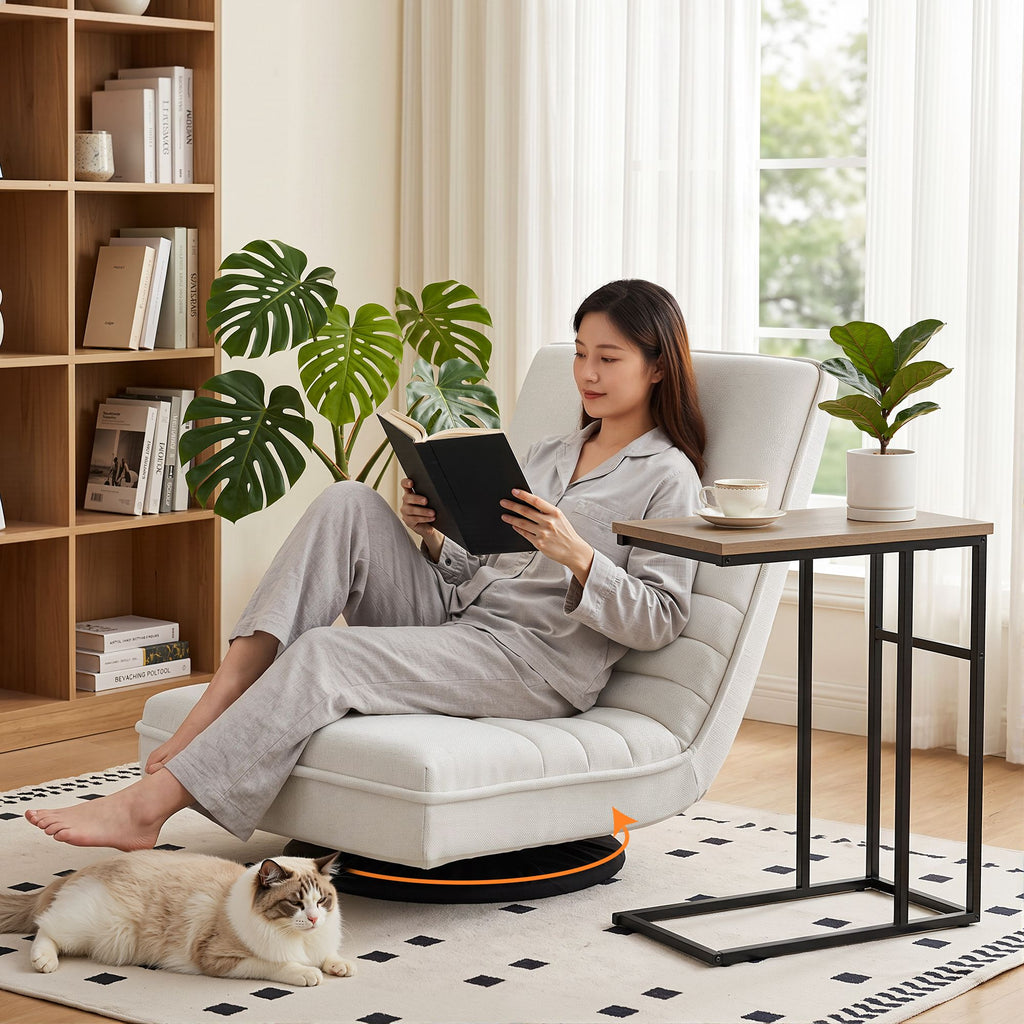 Artiss Floor Lounge & Coffee Table Set, Swivel Foldable Linen Sofa Chair White, C-Shaped Side Table Walnut