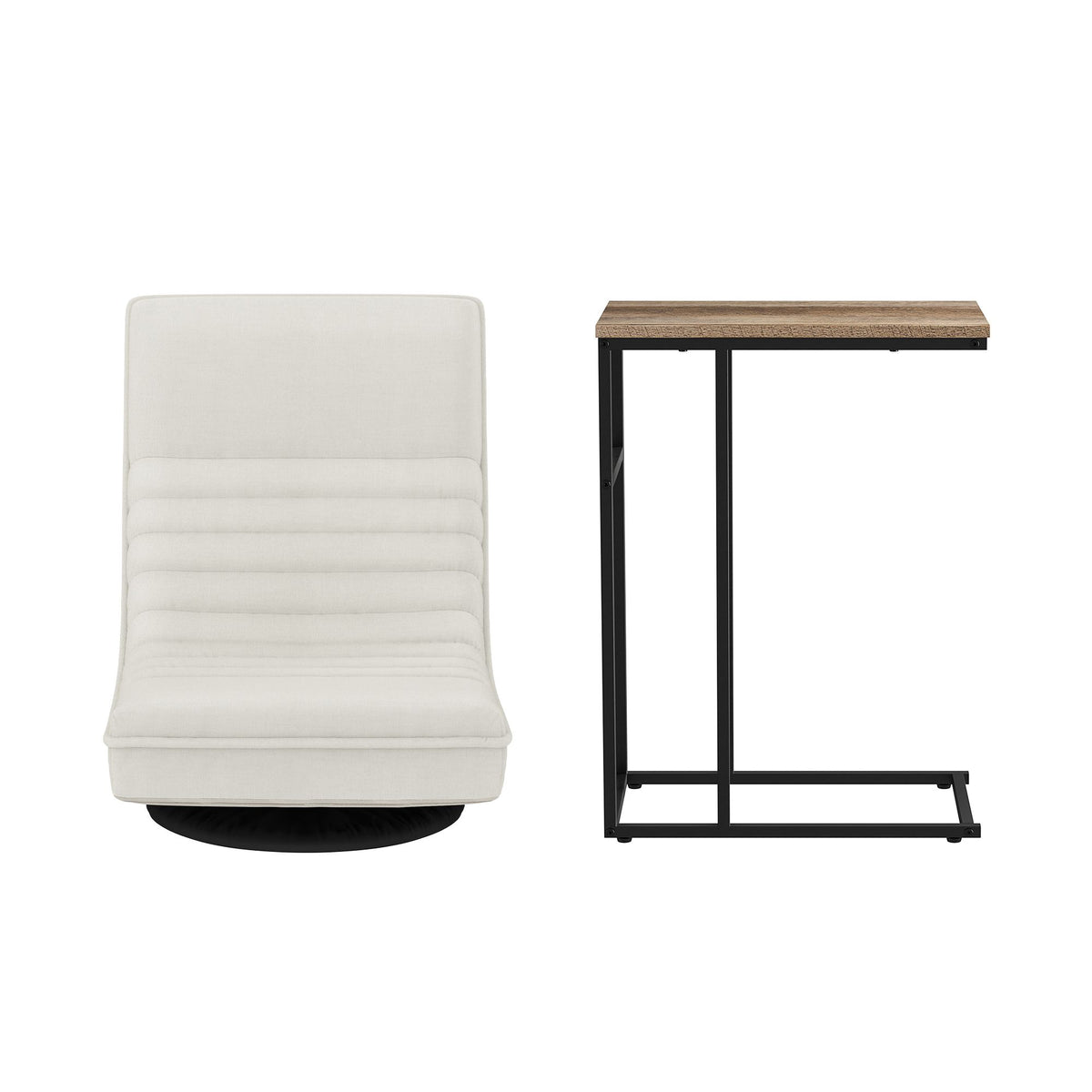 Artiss Floor Lounge & Coffee Table Set, Swivel Foldable Linen Sofa Chair White, C-Shaped Side Table Walnut