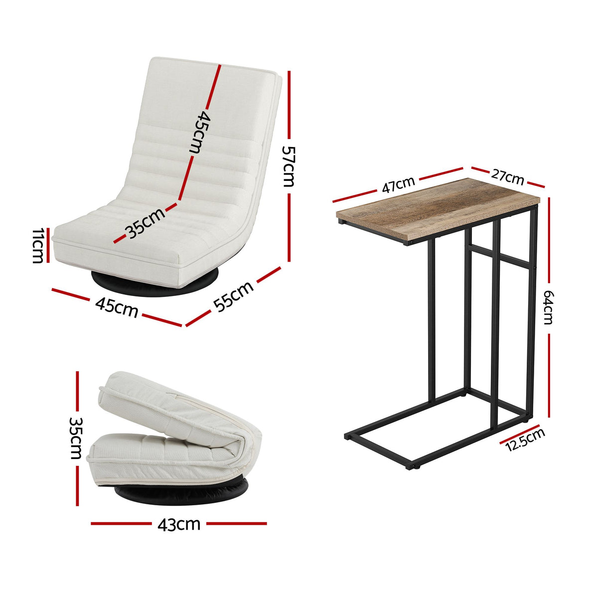 Artiss Floor Lounge & Coffee Table Set, Swivel Foldable Linen Sofa Chair White, C-Shaped Side Table Walnut