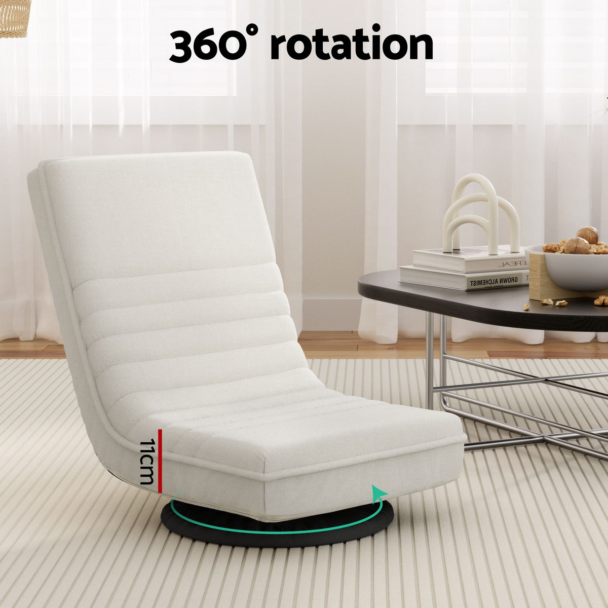 Artiss Floor Lounge & Coffee Table Set, Swivel Foldable Linen Sofa Chair White, C-Shaped Side Table Walnut