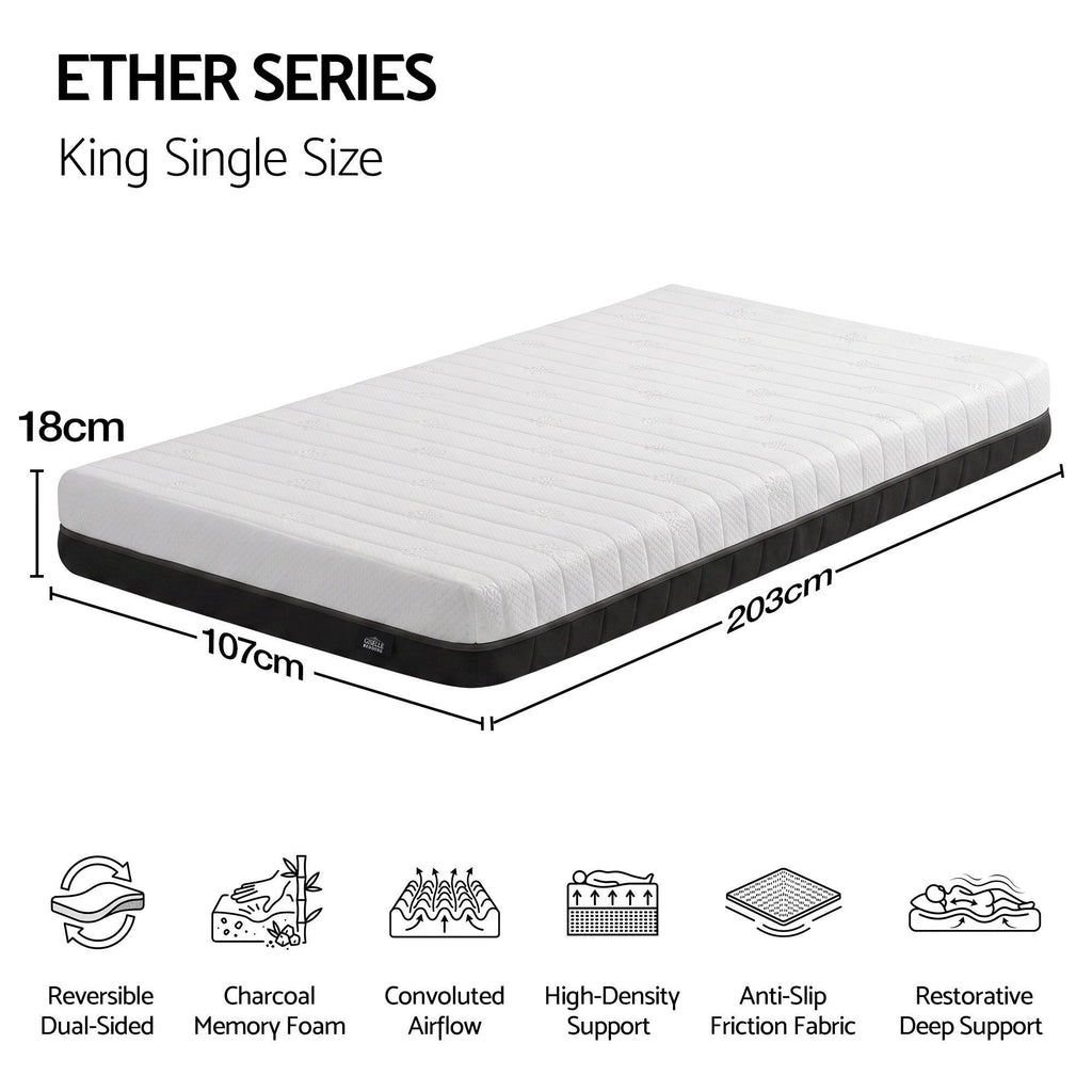 Giselle 18cm King Single Memory Foam Mattress Dual Feel Reversible Charcoal Foam