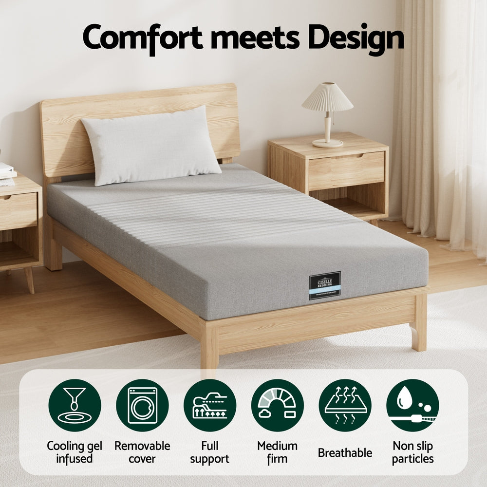 Giselle Bedding Cool Gel Memory Foam Mattress Charcoal 7-Zone Washable Bamboo Cover 15cm Single