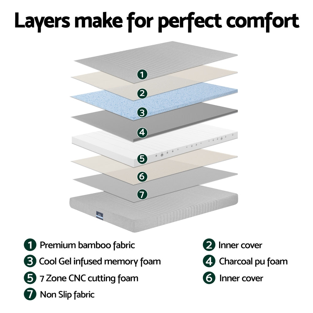 Giselle Bedding Cool Gel Memory Foam Mattress Charcoal 7-Zone Washable Bamboo Cover 15cm Single