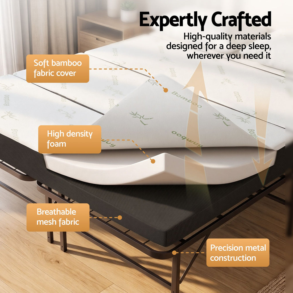Giselle Queen Folding Bed with Mattress 4 Fold Metal Frame Guest Bed Bamboo Cover
