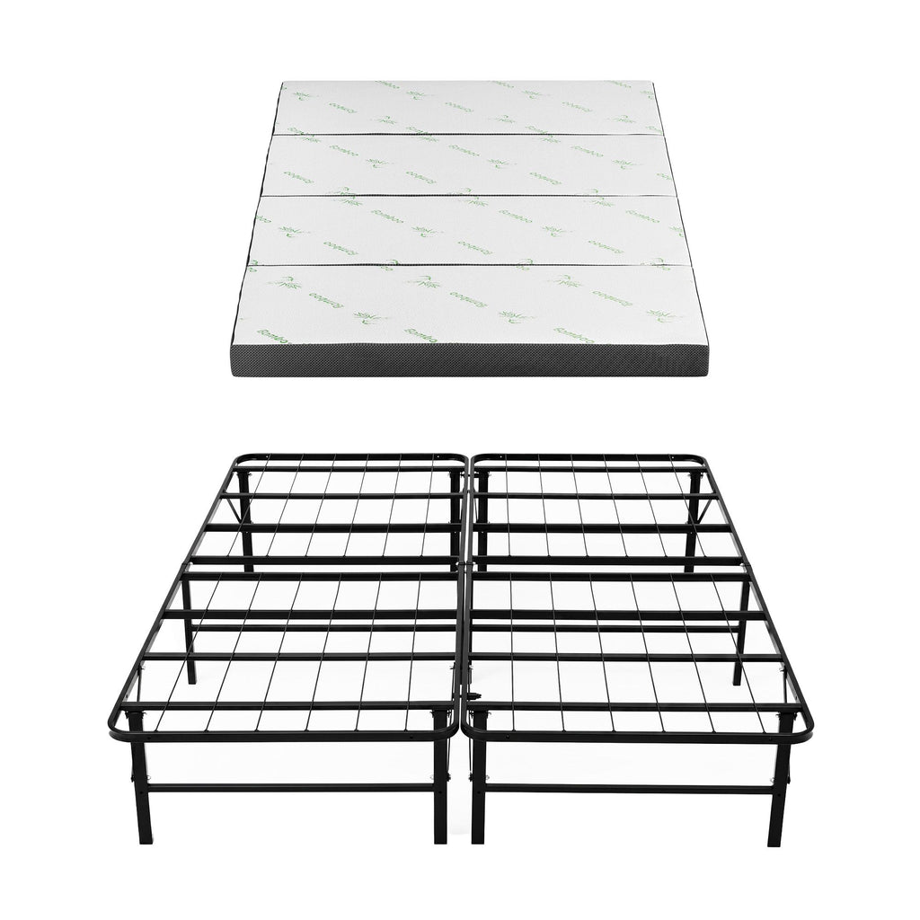 Giselle Queen Folding Bed with Mattress 4 Fold Metal Frame Guest Bed Bamboo Cover