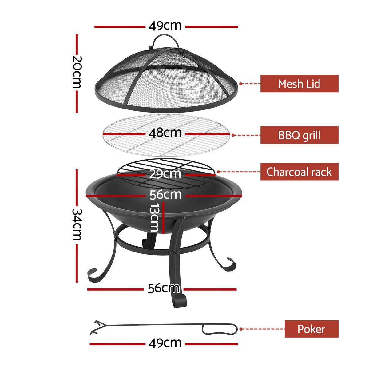 Grillz Fire Pit with Mesh Lid and Fire Picker BBQ Grill Wood Burning Outdoor Camping