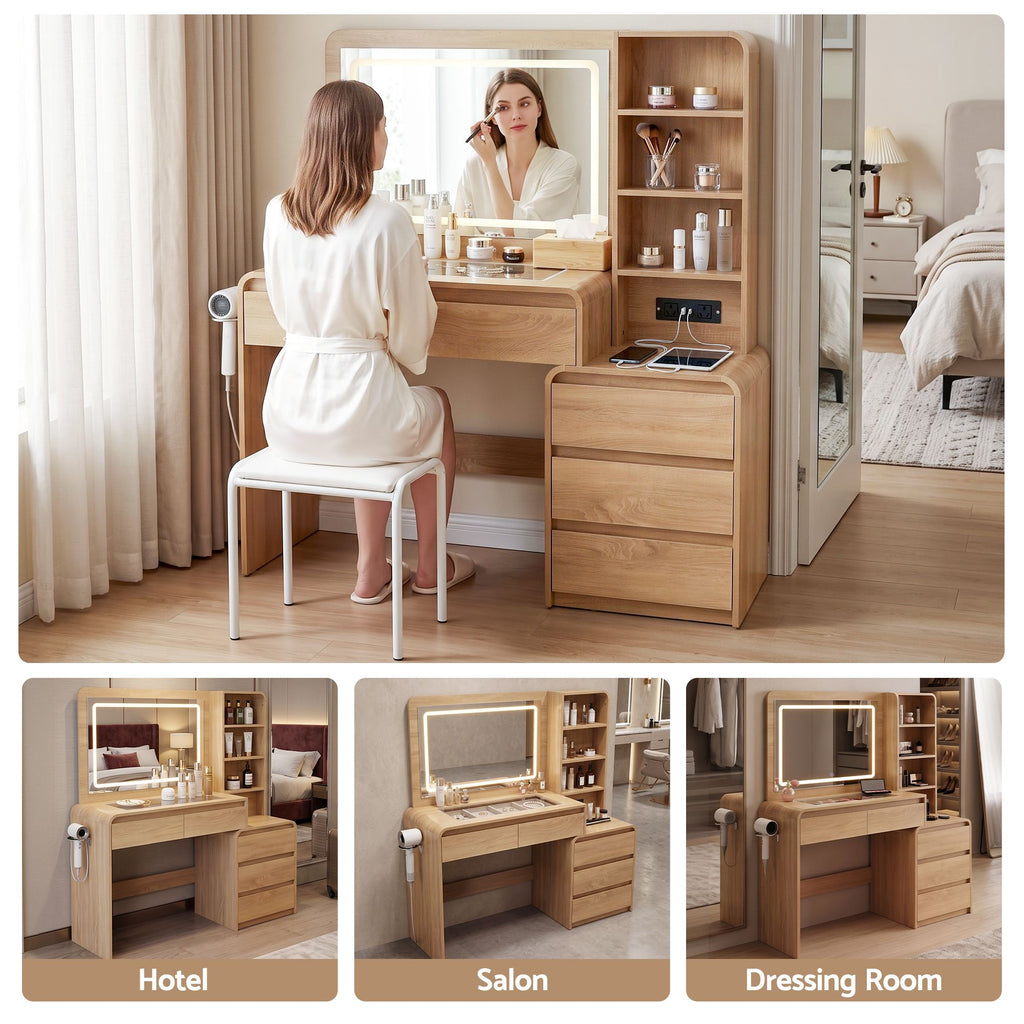 Artiss Dressing Table Makeup Vanity Desk LED Mirror Drawers Charging Station Curved Edge Wood